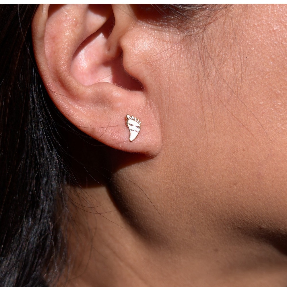 Women's 14K Solid‎ Gold Footprint Stud Earrings - Minimalist Fine Jewelry **